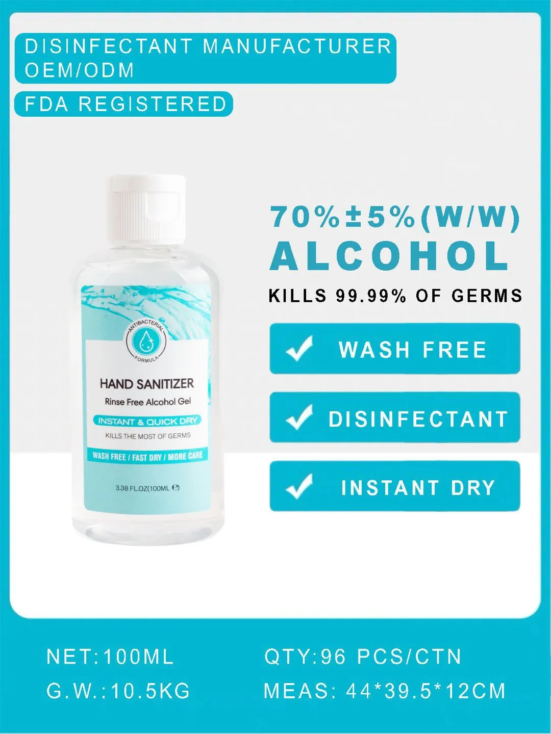 100ml Hand Sanitizer Non Wash 75% Alcohol Disinfectant HS002
